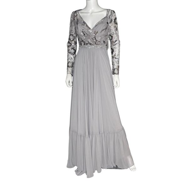 Mac Duggal Beaded Floral Chiffon Skirt Gown Platinum Women’s Sz 2 - Picture 1 of 7